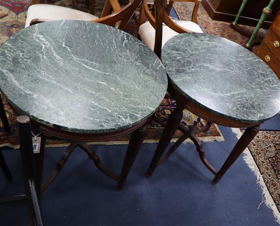 A pair of Continental circular mahogany marble top occasional tables Diameter 65cm